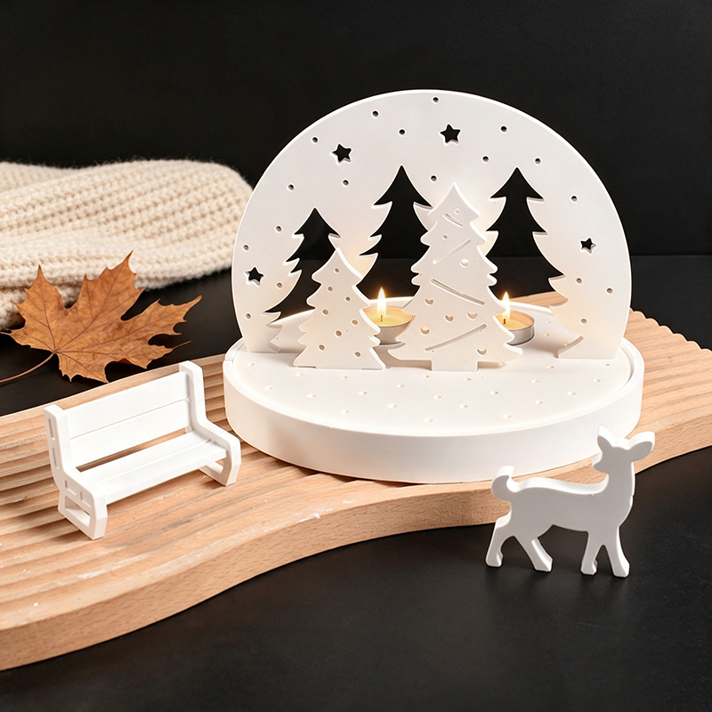 Candle Making Accessories - クリスマスエルクティーライトキャンドルホルダーシリコンモールド、3Dレジンプラスタートレイモールドキット、DIY冬景色ランプベースクラフトツールセット