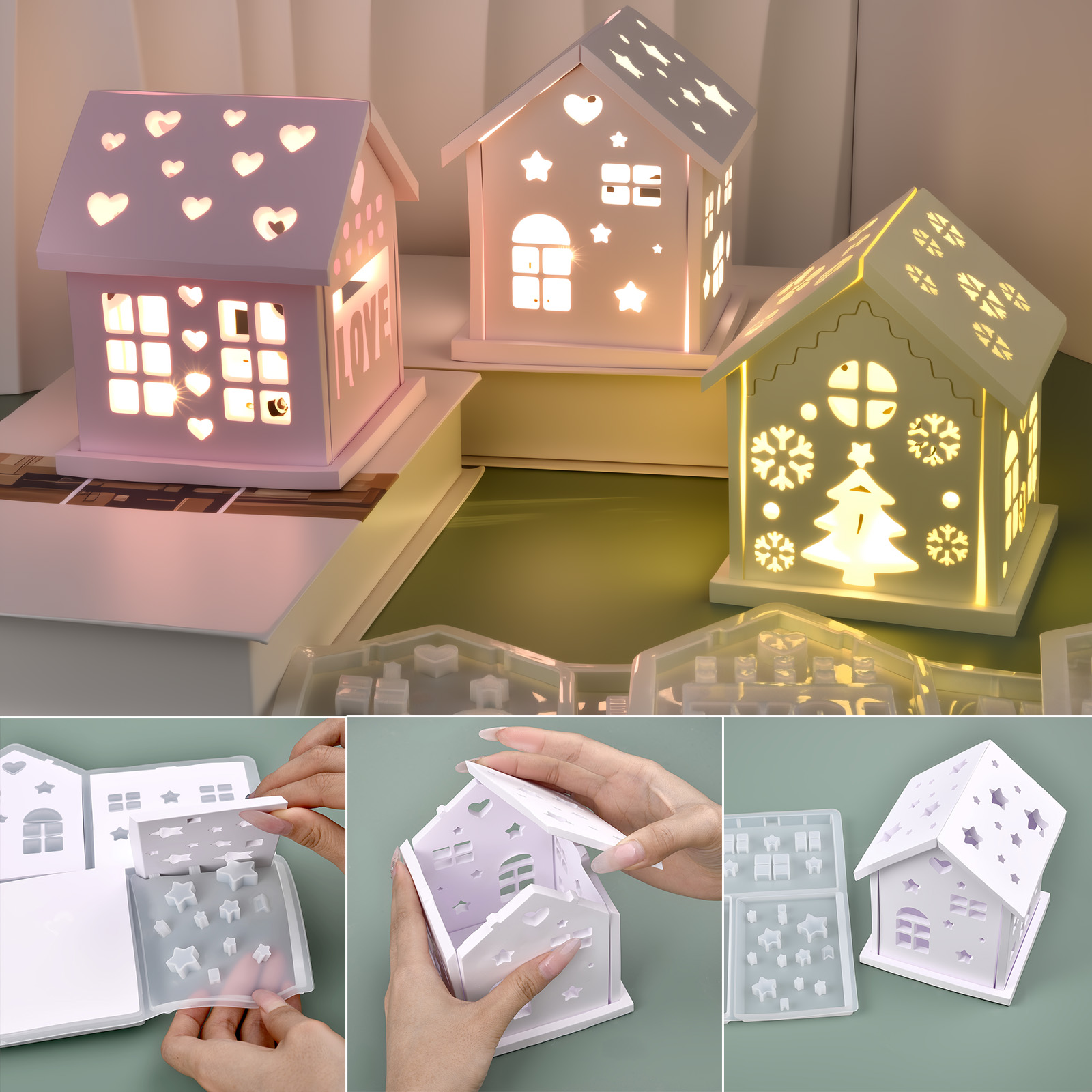 Candle Making Items - 3Dハウスシリコンモールド DIY クリスマスツリー ラブスター ハウスオーナメント デコレーション