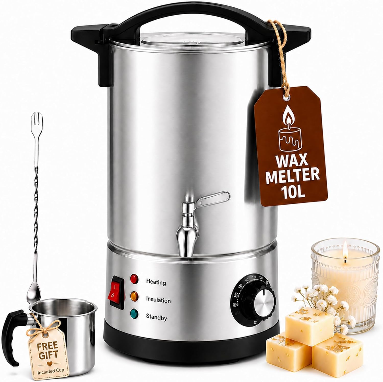 Candle Making Tempe - 10Lキャンドル製造用ワックスメルター、電気ワックス溶解ポット | 20ポンド、温度調節機能付きキャンドルワックスメルター、加熱式注ぎ口、大豆ワックスメーカー、DIYクラフター、石鹸メーカー、小規模事業者向け