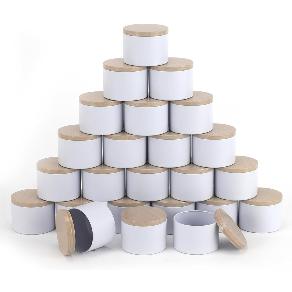 白いキャンドル缶、金属製の木目調印刷蓋付き。 キャンドルジャ - Candle Making Homewood のレビューと価格