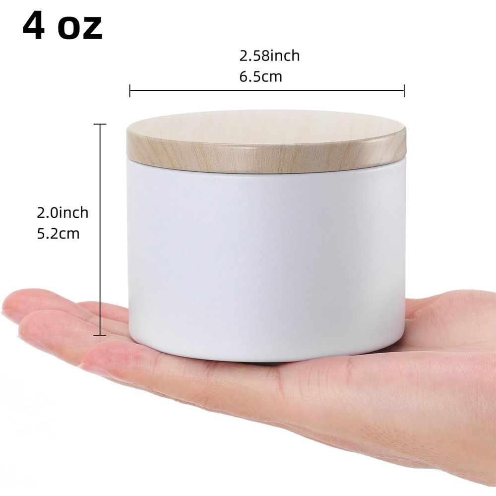 白いキャンドル缶、金属製の木目調印刷蓋付き。 キャンドルジャ - Candle Making Homewood のレビューと価格