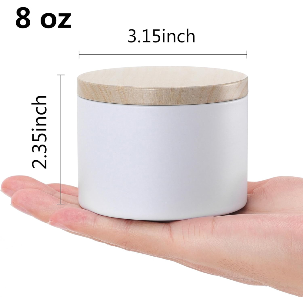 白いキャンドル缶、金属製の木目調印刷蓋付き。 キャンドルジャ - Candle Making Homewood のレビューと価格