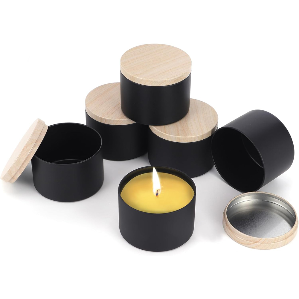 白いキャンドル缶、金属製の木目調印刷蓋付き。 キャンドルジャ - Candle Making Homewood のレビューと価格